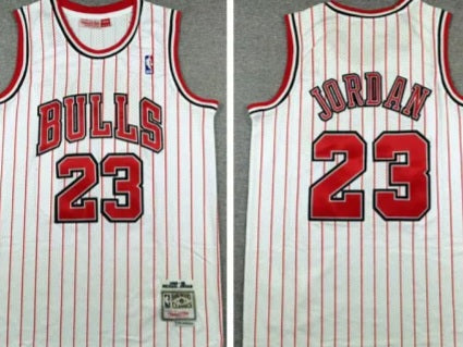 Jordan White Pinstrip Mitchell & Ness Bulls Jersey