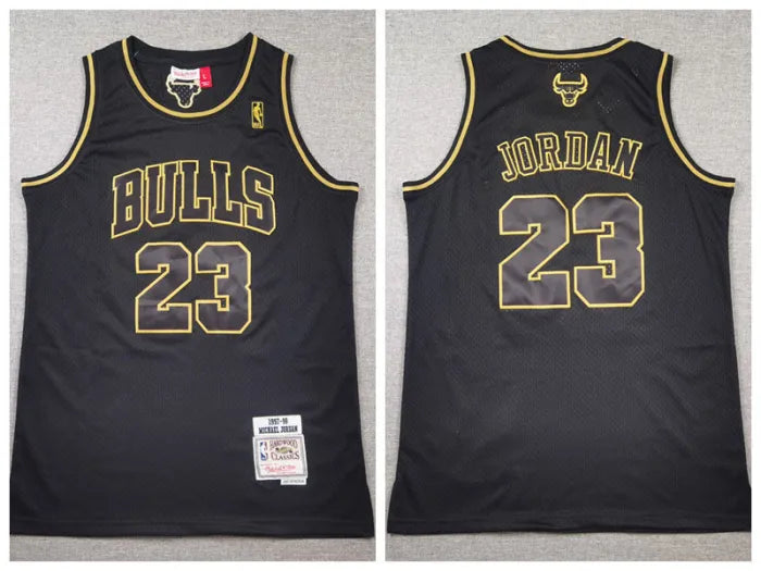 Jordan Gold Trim Mitchell & Ness Black Bulls Jersey