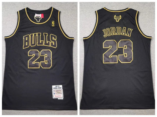 Jordan Gold Trim Mitchell & Ness Black Bulls Jersey