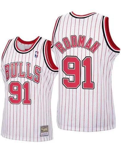 Rodman White Pinstrip Mitchell & Ness Bulls Jersey